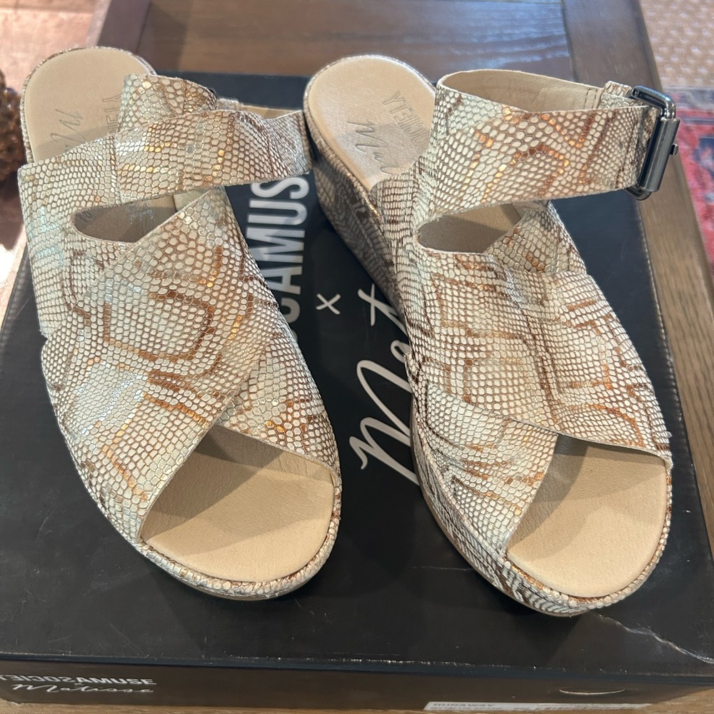 Matisse Cream and Rose Gold Snakeskin Print Sandals with Ankle Strap